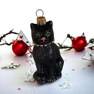 NIB Hand Painted Poland Holiday Glitter Black Cat Glass Christmas Tree Ornament